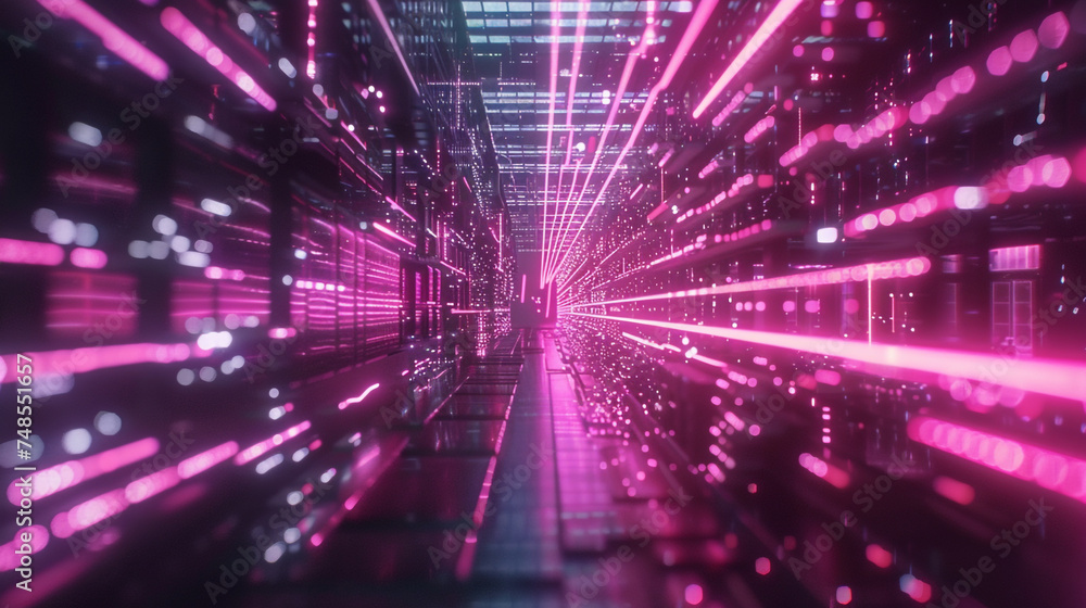 Servers data center room with bright speed light. Big data storage and cloud hosting technology concept Servers data center room with bright speed light. Big data storage and cloud hosting technology concept