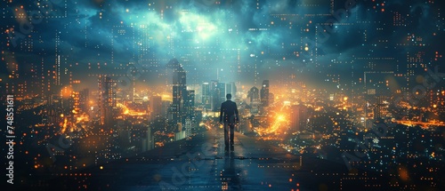 Professional businessman walking on a futuristic interface graphic and a future Pattaya city background at night, using Cyberpunk colors photo