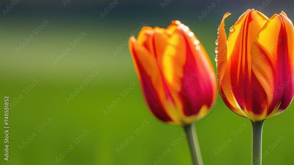 Flowers of red tulips in close-up on the background of a field. Flowers of red tulips in close-up on the background of a field.