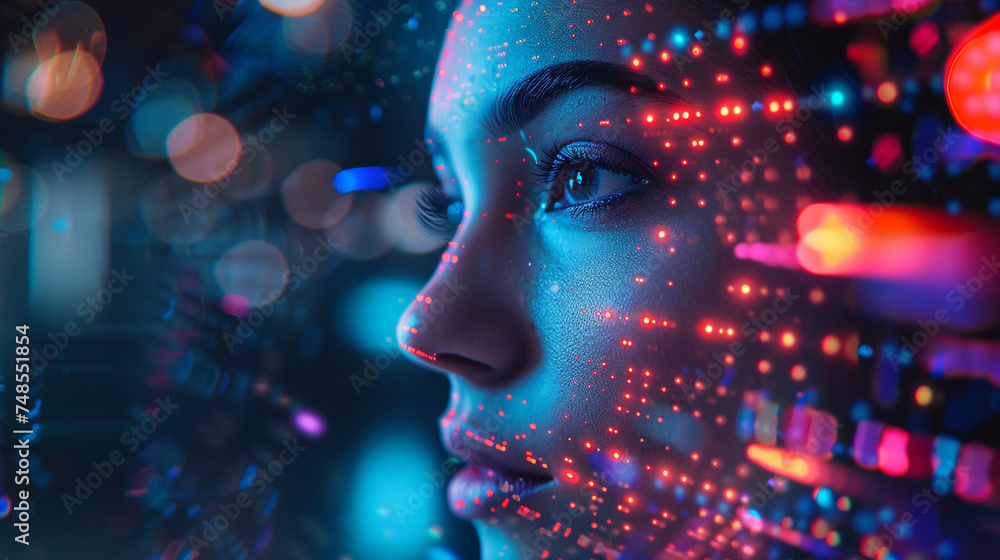 Female face with neon light, Human with digital and big data concept.