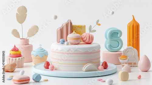 A birthday cake is surrounded by other decorations