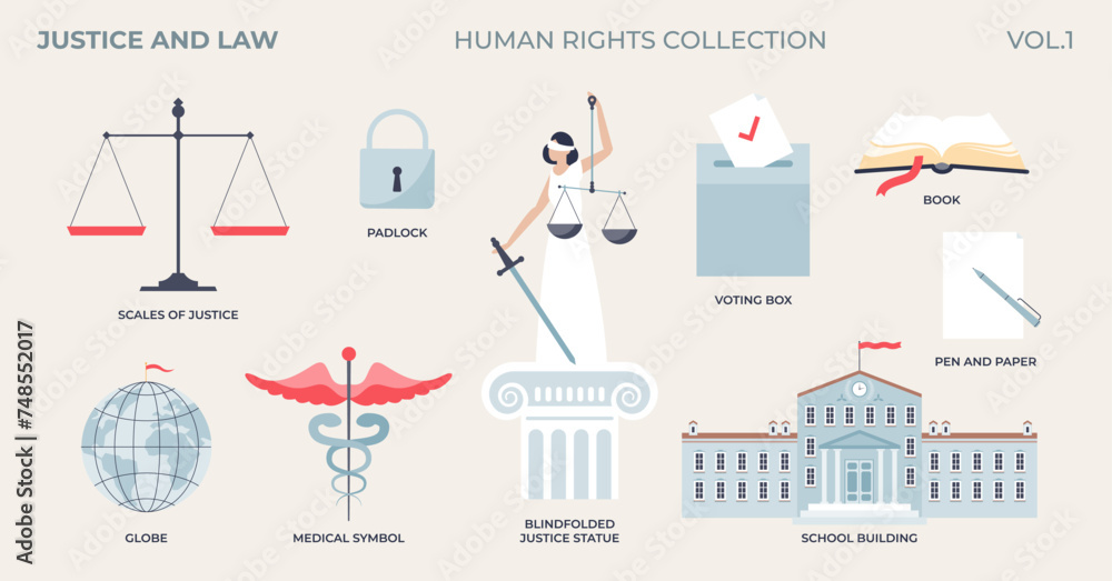 Justice and law elements in legal human rights tiny person collection set. Labeled items with society judicial and democracy freedom vector illustration. Government values of honesty and liberty.