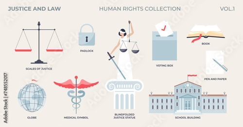 Justice and law elements in legal human rights tiny person collection set. Labeled items with society judicial and democracy freedom vector illustration. Government values of honesty and liberty.