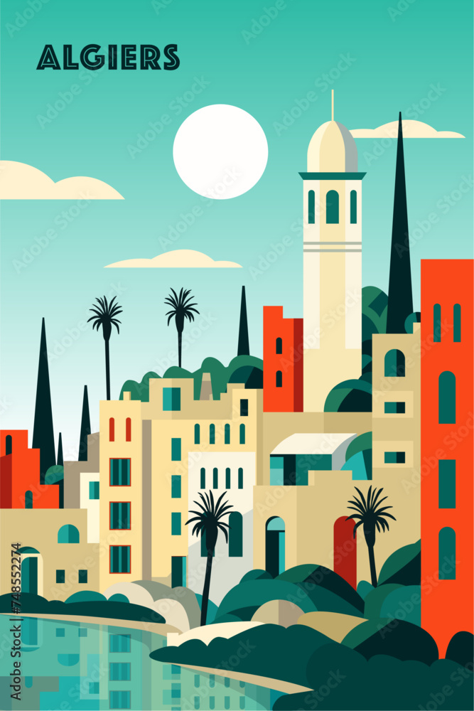 Algiers retro city poster with abstract shapes of skyline, buildings at sunrise, sunset. Vintage Algeria capital travel vector illustration	for Arab town