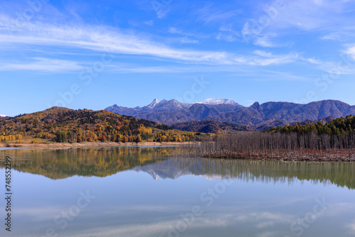 北海道夕張市、シューパロ湖の水鏡に映る秋の夕張岳【10月】