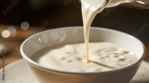 Pour sour cream into a bowl. Pour milk, cream or yoghurt. Fresh milk, cream, yogurt, sour cream, dairy products, milk for children. The process of writing milk or yogurt. Lactose, lactose free. photo