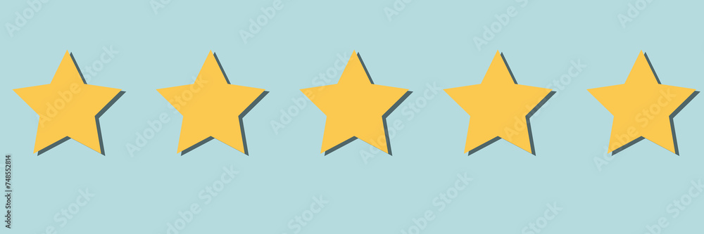 Five star icon. 5 Stars level vector sign. Yellow star good rank status symbol. Best rating gold service isolated on white background Five star icon. 5 Stars level vector sign. Yellow star good rank status symbol. Best rating gold service isolated on white background