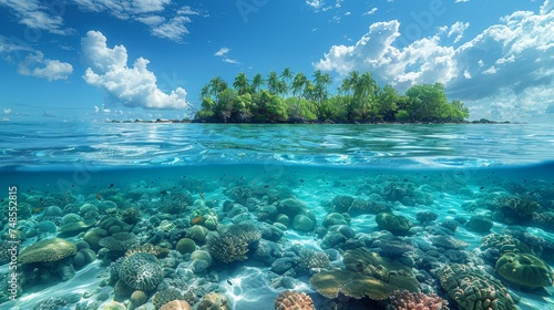 View of a tropical island and coral reef with a waterline in the distance © Zaleman