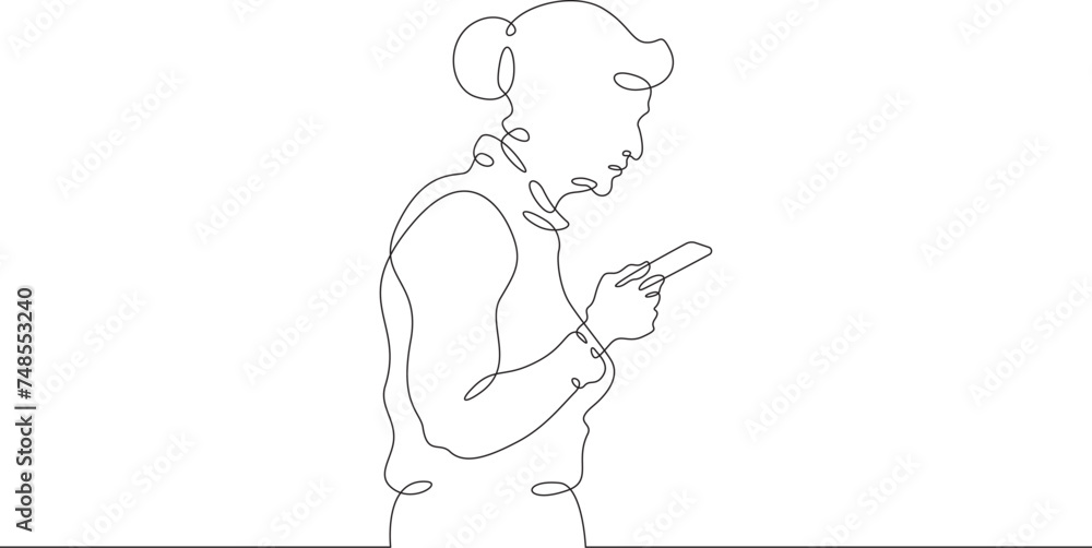 A old lady stands with a phone in his hand. A old lady is talking on a smartphone. One continuous line . Line art. Minimal single line.White background. One line drawing.