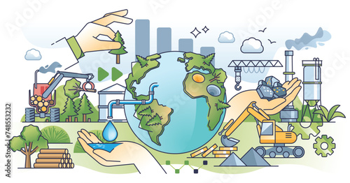 Raw material sourcing supply chain with global delivery outline concept. Mineral mining, metal and forestation industry to supply manufacturing with precious nature supplies vector illustration.