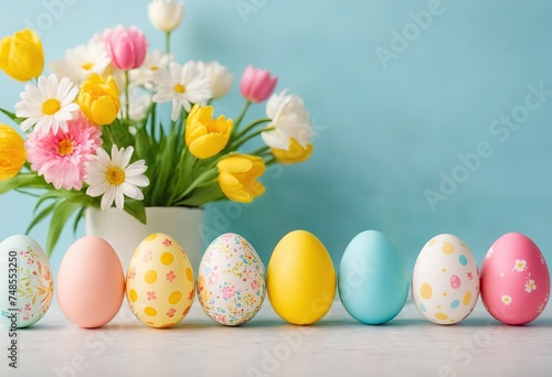 Bouquet of flowers and row of decorated festive eggs on blue background, close-up. Web banner of spring Easter. Copy space. Ai generation