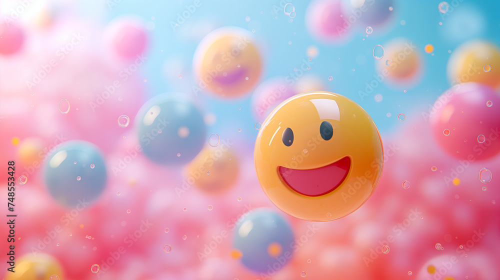 Smiling Emoji Bubble Amongst Colorful Spheres Smiling Emoji Bubble Amongst Colorful Spheres