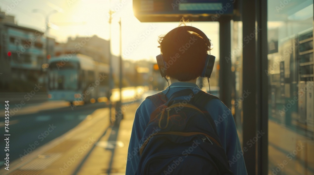 A young man wearing headphones and a backpack waiting for a bus at the bus stop A young man wearing headphones and a backpack waiting for a bus at the bus stop