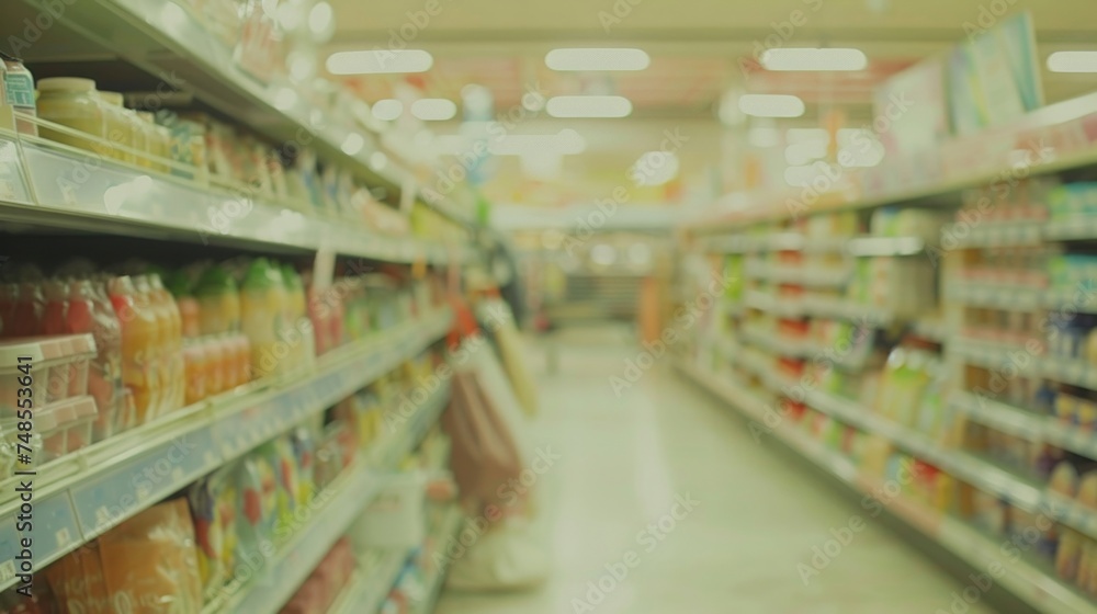 A blurry view of a grocery store aisle, showing shelves stocked with various food items and products