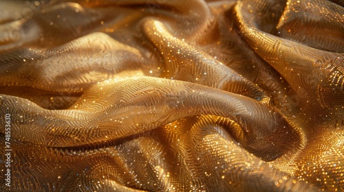 Detailed view of a gold cloth with a glittery and shiny texture, perfect for luxury or festive decor