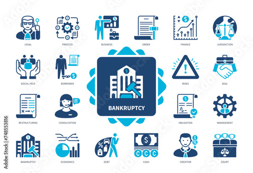 Bankruptcy icon set. Restructuring, Borrower, Debt, Creditor, Idea, Jurisdiction, Social Help, Economics. Duotone color solid icons