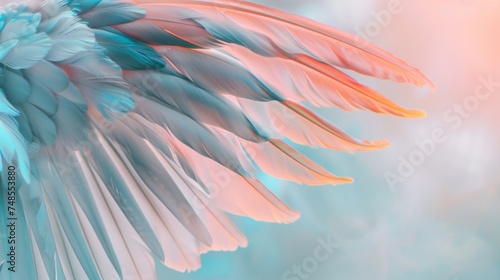 A detailed view of a birds wing in soft pastel colors, showcasing the delicate white feathers and intricate patterns