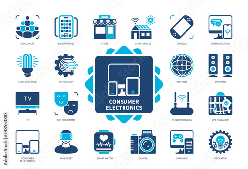 Consumer Electronics icon set. Smartphones, GPS Navigator, Technology, Camera, Innovation, Smart Watch, Entertainment, Smart House. Duotone color solid icons