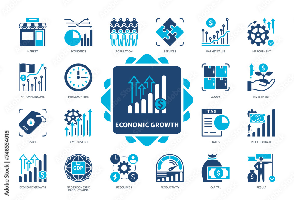 Economic Growth icon set. National Income, Productivity, Development, Market Value, Taxes, Price, Economics, Capital. Duotone color solid icons
