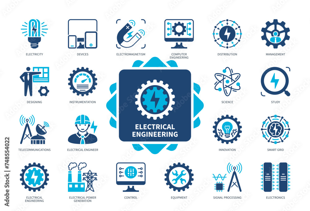 Electrical Engineering icon set. Electricity, Electromagnetism, Instrumentation, Design, Study, Electronics, Telecommunications, Science. Duotone color solid icons