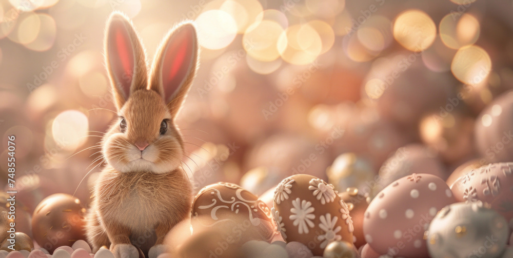 An Easter bunny sits among a collection of colorful Easter eggs in a vibrant and festive setting
