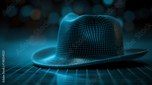 Digital fedora hat closeup on cyber matrix dark surface background - Anonymous dark web online undercover operations off grid limit incognito activities
