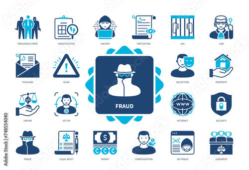 Fraud icon set. Deception, Legal Right, Internet, Security, Property, Scam, Victim, Organised Crime. Duotone color solid icons