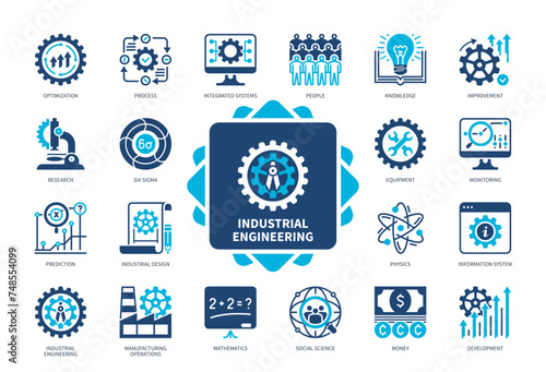 Industrial Engineering icon set. Process, Research, Industrial Design, Knowledge, Physics, Equipment, Social Science, Development. Duotone color solid icons