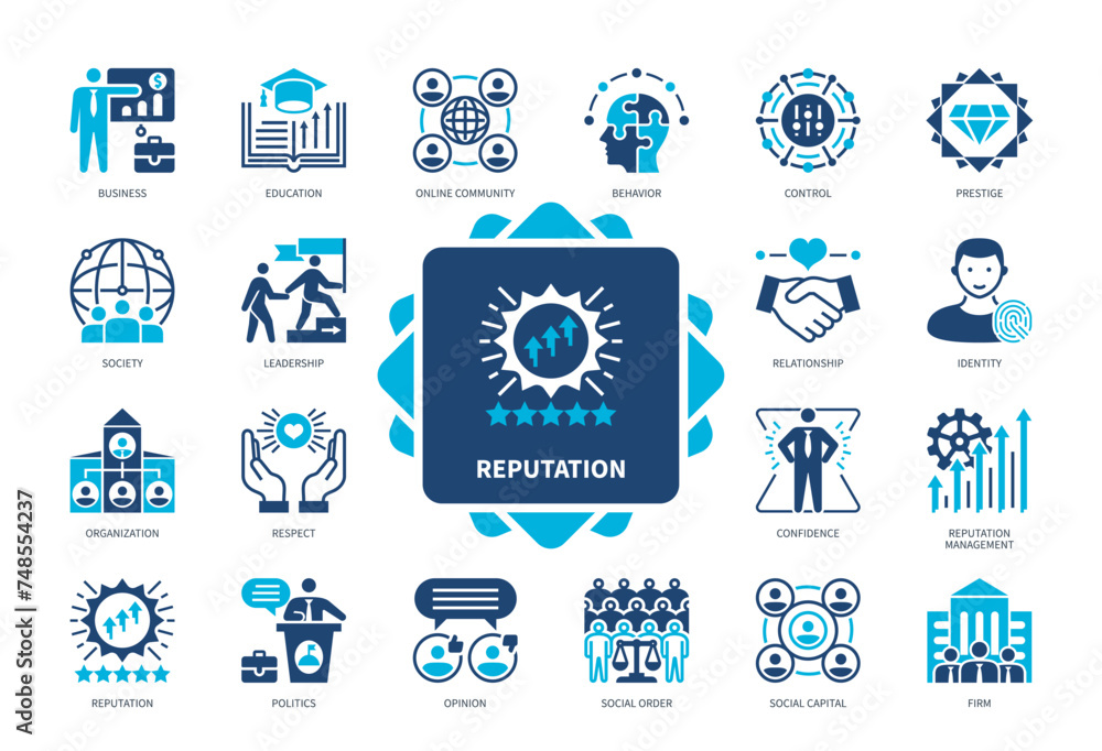 Reputation icon set. Social Order, Prestige, Leadership, Respect, Society, Confidence, Management, Relationship. Duotone color solid icons