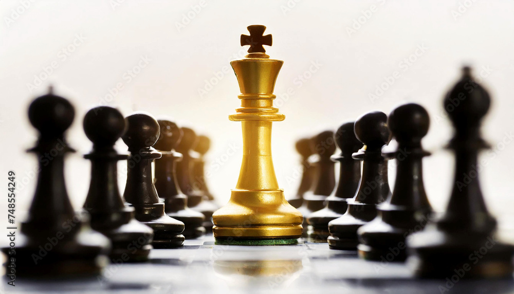 Closeup of a golden chess king standing in front of other black chess pieces. Standing out from the crowd; success and Goal concept. Generative Ai. Closeup of a golden chess king standing in front of other black chess pieces. Standing out from the crowd; success and Goal concept. Generative Ai.