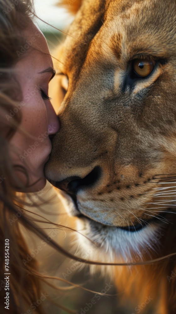a close up of a person kissing a large animal with its face close to the face of a large animal.