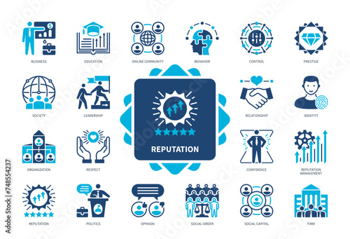 Reputation icon set. Social Order, Prestige, Leadership, Respect, Society, Confidence, Management, Relationship. Duotone color solid icons