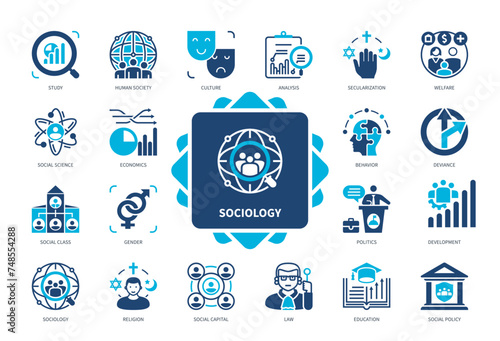 Sociology icon set. Study, Human Society, Culture, Gender, Social Science, Deviance, Social Capital, Secularization. Duotone color solid icons
