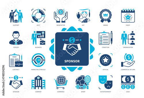 Sponsor icon set. Benefactor, Support, Commercial Return, Sport, Contract, Commerce, Brand, Official. Duotone color solid icons