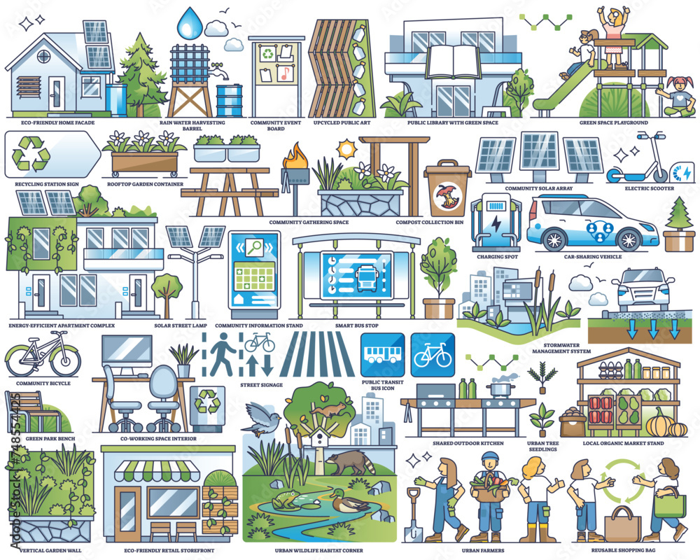 Sustainable urban community and environmental living outline collection set. Labeled elements for green and ecological lifestyle vector illustration. Nature friendly society for green or clean future