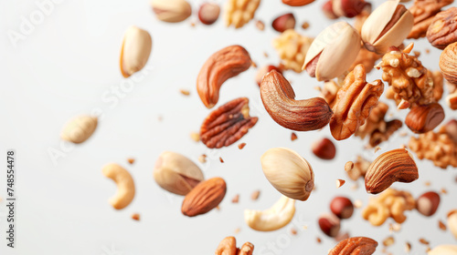 Closeup macro image Variety of Nuts in Mid-Air on White Background