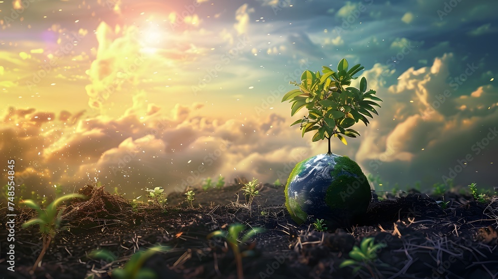 Tree Growing from Earth in Vibrant Fantasy Landscape