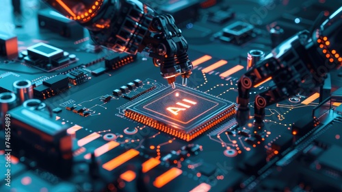 The advanced chip processor works efficiently to power the AI robot arm, seamlessly integrating with the intricate circuit design.
