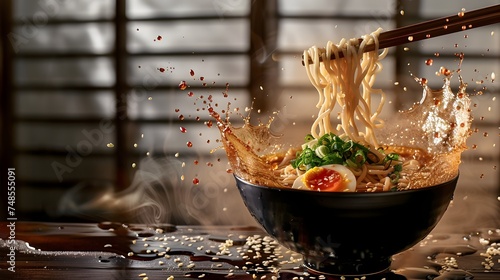 Splashing Noodles in a Black Bowl with Chopsticks