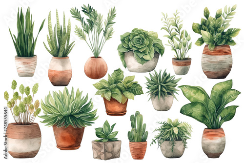 Collection of beautiful plants in ceramic pots isolated on transparent background