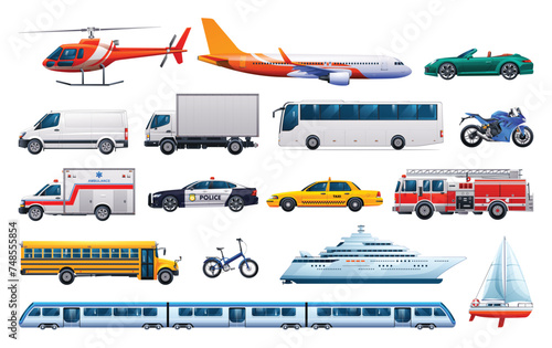 Set of vehicles. Collection of various kinds of transportation. Vector cartoon illustration