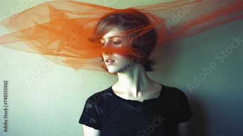 Full body shot of a woman's portrait captured from a skewed angle behind a translucent veil, symbolizing the complexity of mental health trauma.
