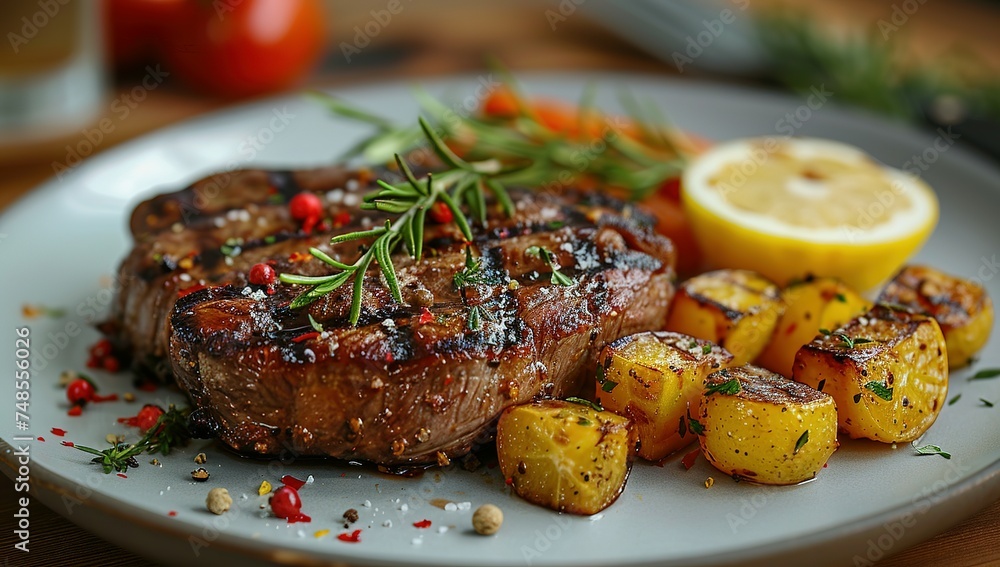 Delicious grilled beef with vegetables and lemon on table, closeup Delicious grilled beef with vegetables and lemon on table, closeup