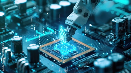 The advanced chip processor powers the AI robot arm with precision, navigating circuits seamlessly with unmatched efficiency.