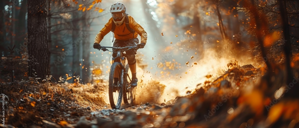 Mountain bike athlete man riding outdoors lifestyle trail in extreme conditions - obrazy, fototapety, plakaty 