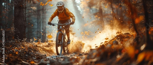 Mountain bike athlete man riding outdoors lifestyle trail in extreme conditions photo