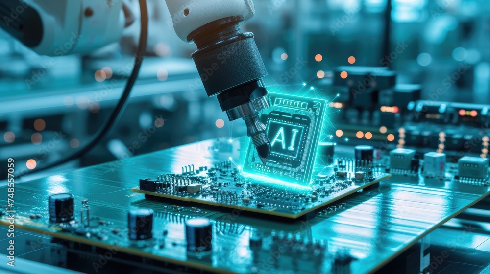 The advanced robot arm with integrated AI chip and circuit processor executes precise tasks with unparalleled speed and accuracy.
