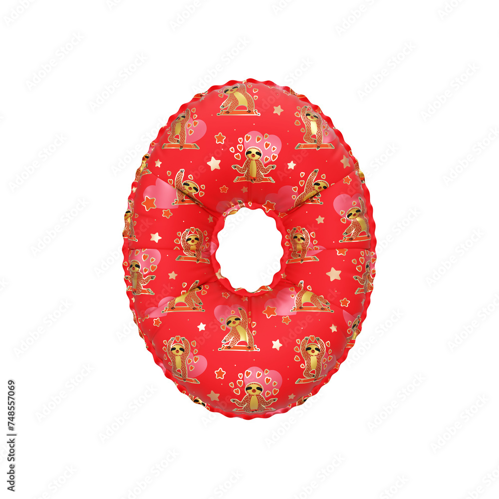 3D inflated balloon Number 0 with red yoga sloth love animal cartoon pattern 3D inflated balloon Number 0 with red yoga sloth love animal cartoon pattern