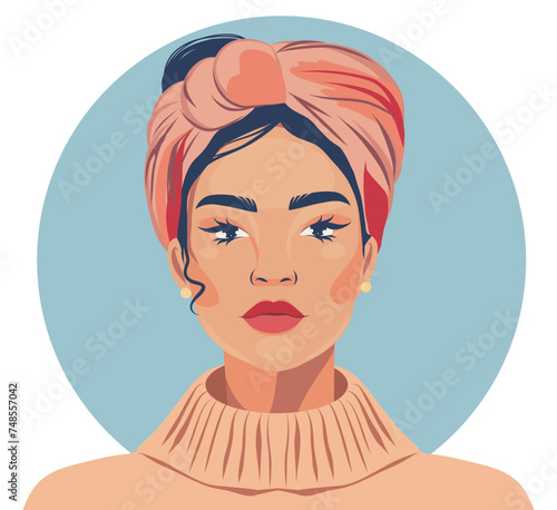  Vector portrait of a beautiful woman. Scarf hairstyle. Poster for Women's Day. Vector flat illustration. Concept of the movement for gender equality and women's empowerment