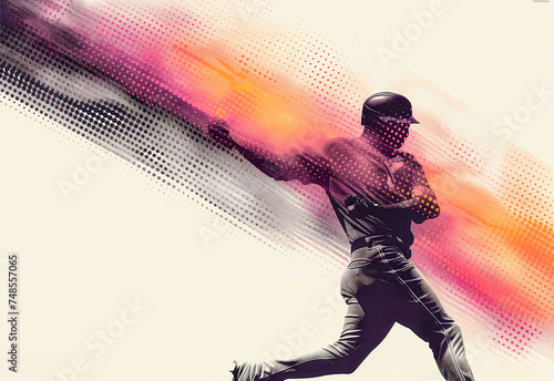 Baseball player dynamic pose artistic halftone effect white background - Sports poster and promotion template